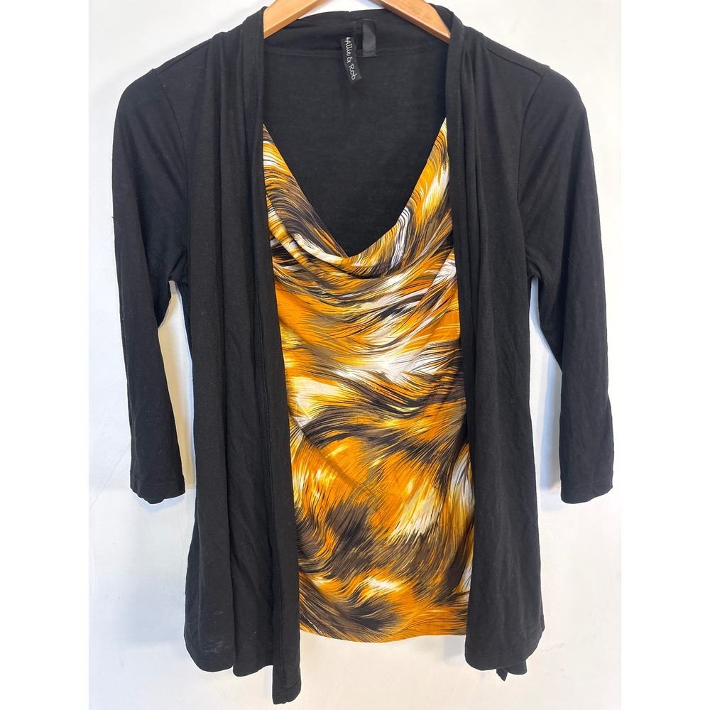 Allie & Rob Womens Small Black Faux Layered Cardigan Cowl Neck Abstract Top